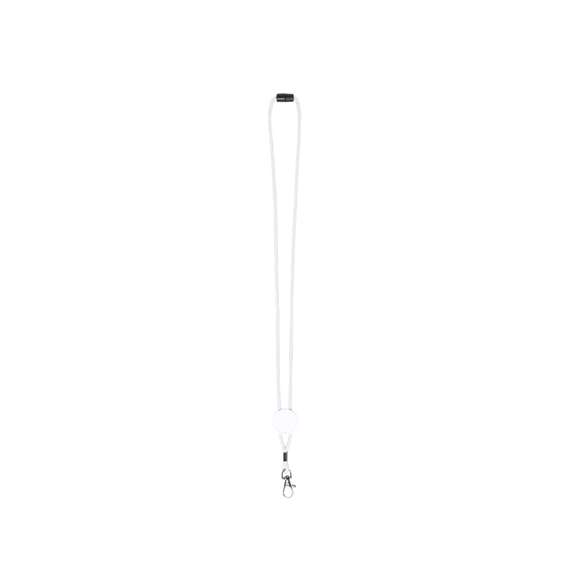 Lanyard en resistente y suave poliéster de cordón en variados y vivos colores. Con cierre de clic desmontable en cuello, accesorio mosquetón metálico y con pastilla central para marcaje