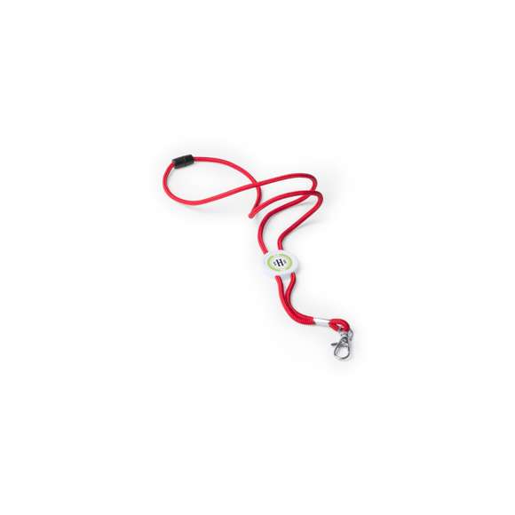 Lanyard en resistente y suave poliéster de cordón en variados y vivos colores. Con cierre de clic desmontable en cuello, accesorio mosquetón metálico y con pastilla central para marcaje