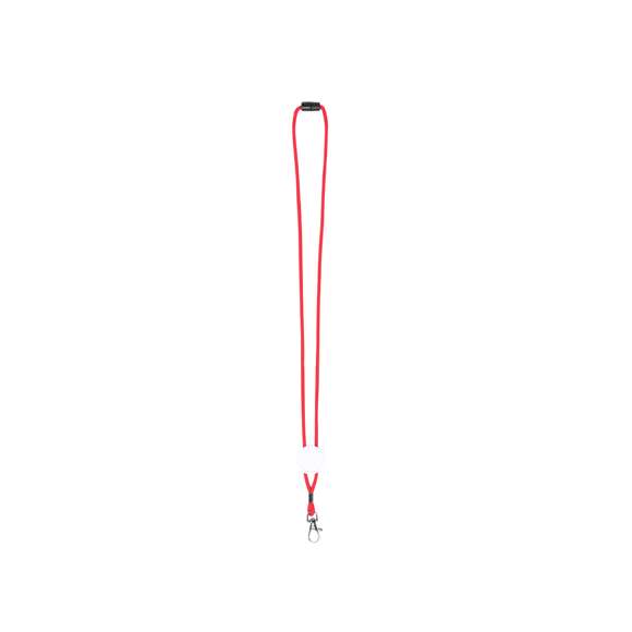 Lanyard en resistente y suave poliéster de cordón en variados y vivos colores. Con cierre de clic desmontable en cuello, accesorio mosquetón metálico y con pastilla central para marcaje