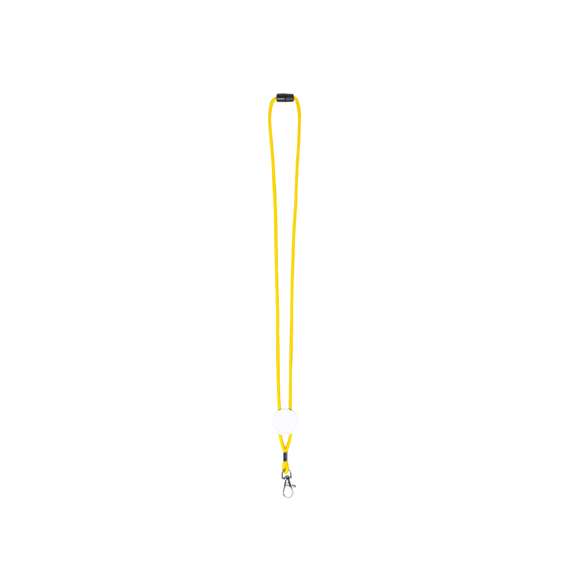 Lanyard en resistente y suave poliéster de cordón en variados y vivos colores. Con cierre de clic desmontable en cuello, accesorio mosquetón metálico y con pastilla central para marcaje