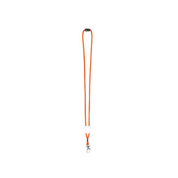 Lanyard en resistente y suave poliéster de cordón en variados y vivos colores. Con cierre de clic desmontable en cuello, accesorio mosquetón metálico y con pastilla central para marcaje