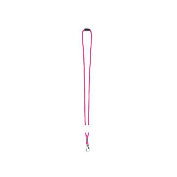 Lanyard en resistente y suave poliéster de cordón en variados y vivos colores. Con cierre de clic desmontable en cuello, accesorio mosquetón metálico y con pastilla central para marcaje