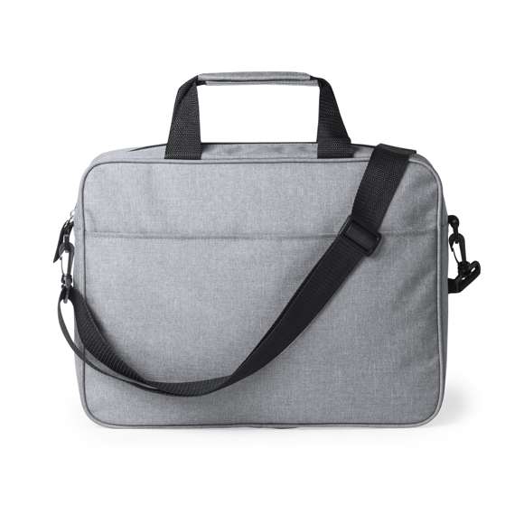 Portadocumentos de cierre de cremallera en elegante poliéster 600D de color gris. Con bolsillo exterior con cierre de velcro, cómodas asas reforzadas, cinta bandolera ajustable con cierre de mosquetón y accesorio en parte trasera para acople en barra de trolley.