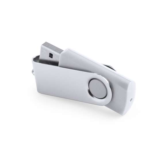 Memoria USB de 16GB de capacidad, con mecanismo giratorio, cuerpo de suave acabado y clip metálico. Presentada en estuche individual.