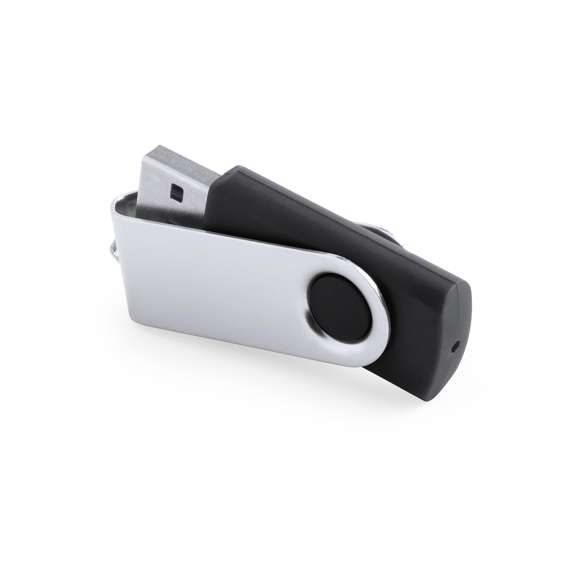 Memoria USB de 16GB de capacidad, con mecanismo giratorio, cuerpo de suave acabado y clip metálico. Presentada en estuche individual.