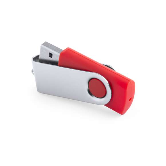 Memoria USB de 16GB de capacidad, con mecanismo giratorio, cuerpo de suave acabado y clip metálico. Presentada en estuche individual.