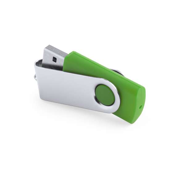 Memoria USB de 16GB de capacidad, con mecanismo giratorio, cuerpo de suave acabado y clip metálico. Presentada en estuche individual.