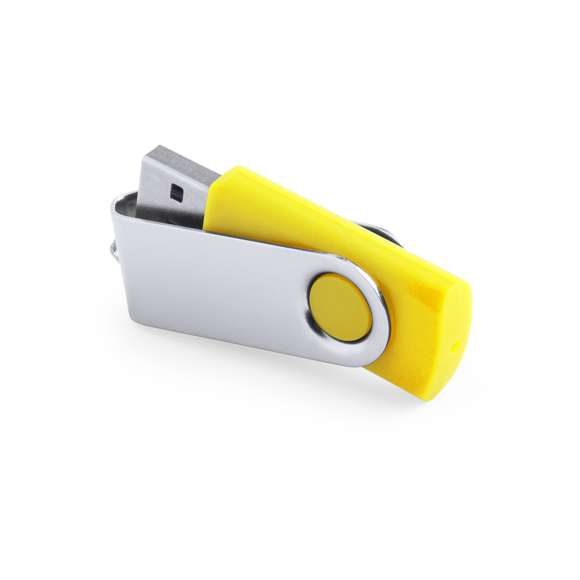 Memoria USB de 16GB de capacidad, con mecanismo giratorio, cuerpo de suave acabado y clip metálico. Presentada en estuche individual.