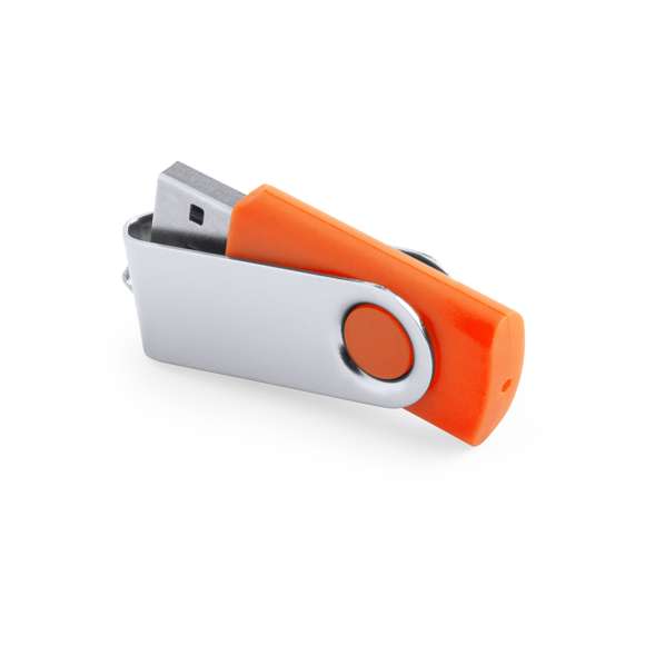 Memoria USB de 16GB de capacidad, con mecanismo giratorio, cuerpo de suave acabado y clip metálico. Presentada en estuche individual.