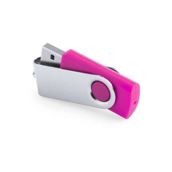 Memoria USB de 16GB de capacidad, con mecanismo giratorio, cuerpo de suave acabado y clip metálico. Presentada en estuche individual.