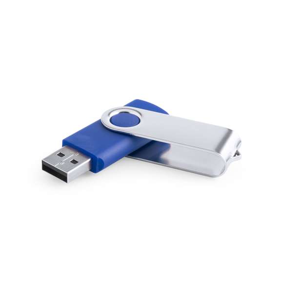 Memoria USB de 16GB de capacidad, con mecanismo giratorio, cuerpo de suave acabado y clip metálico. Presentada en estuche individual.