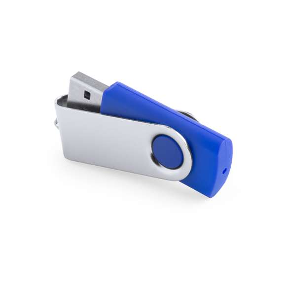 Memoria USB de 16GB de capacidad, con mecanismo giratorio, cuerpo de suave acabado y clip metálico. Presentada en estuche individual.