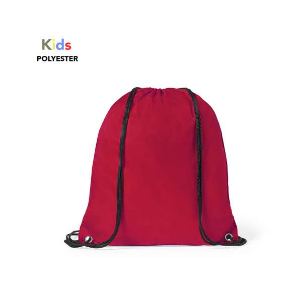Mochila de cuerdas para niño en suave poliéster 210D de vivos colores. Con cuerdas autocierre en color negro y esquinas con argollas metálicas de refuerzo.