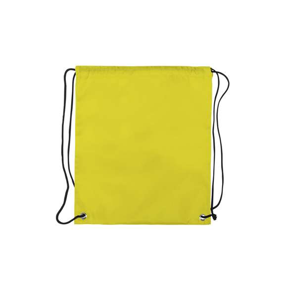 Mochila de cuerdas para niño en suave poliéster 210D de vivos colores. Con cuerdas autocierre en color negro y esquinas con argollas metálicas de refuerzo.