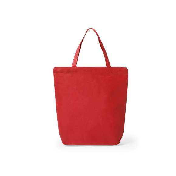 Bolsa de non-woven de 90g/m2 en variada gama de vivos colores. Con cierre de cremallera en color blanco, fuelle, asas medianas de 45cm y acabado cosido. Resistencia hasta 6kg de peso.