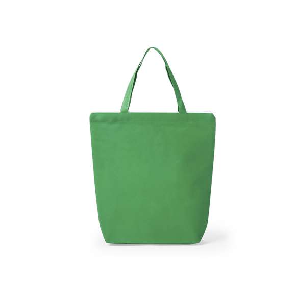 Bolsa de non-woven de 90g/m2 en variada gama de vivos colores. Con cierre de cremallera en color blanco, fuelle, asas medianas de 45cm y acabado cosido. Resistencia hasta 6kg de peso.