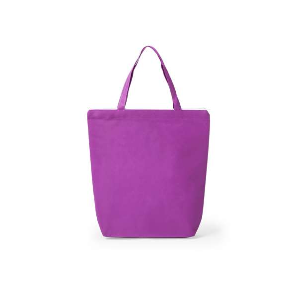 Bolsa de non-woven de 90g/m2 en variada gama de vivos colores. Con cierre de cremallera en color blanco, fuelle, asas medianas de 45cm y acabado cosido. Resistencia hasta 6kg de peso.