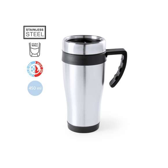 Taza fabricada en acero inox de 450ml de capacidad con cuerpo de acabado brillante con accesorios a juego y en vivos colores. Con tapa dosificador y abrefácil. Es ideal para tener en tu escritorio, mesa o en cualquier superficie donde disfrutar tranquilamente de tu bebida favorita.
