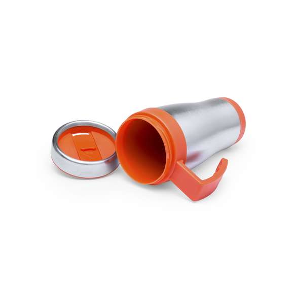 Taza fabricada en acero inox de 450ml de capacidad con cuerpo de acabado brillante con accesorios a juego y en vivos colores. Con tapa dosificador y abrefácil. Es ideal para tener en tu escritorio, mesa o en cualquier superficie donde disfrutar tranquilamente de tu bebida favorita.