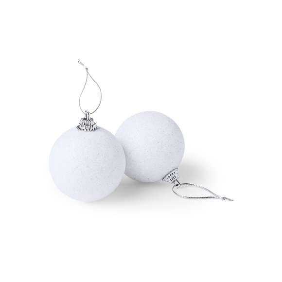 Set de 6 bolas de navidad para colgar en variada gama de vivos colores metalizados. Presentación en bolsita individual con tira de marcaje en color blanco y en colores surtidos.