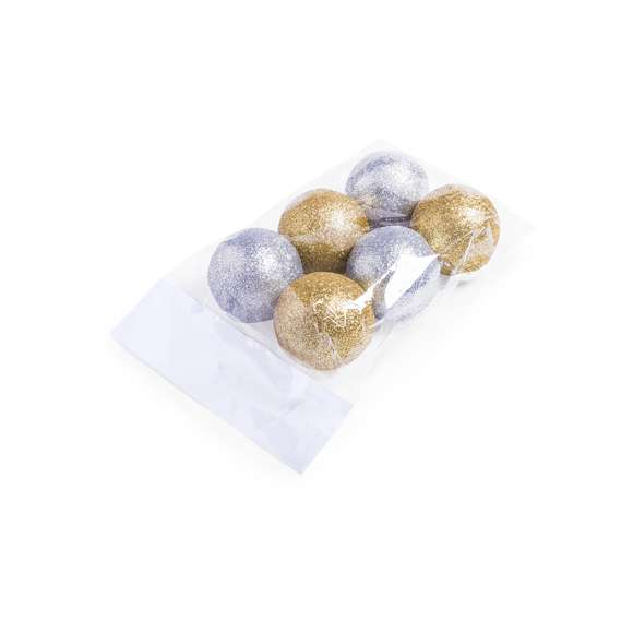 Set de 6 bolas de navidad para colgar en variada gama de vivos colores metalizados. Presentación en bolsita individual con tira de marcaje en color blanco y en colores surtidos.
