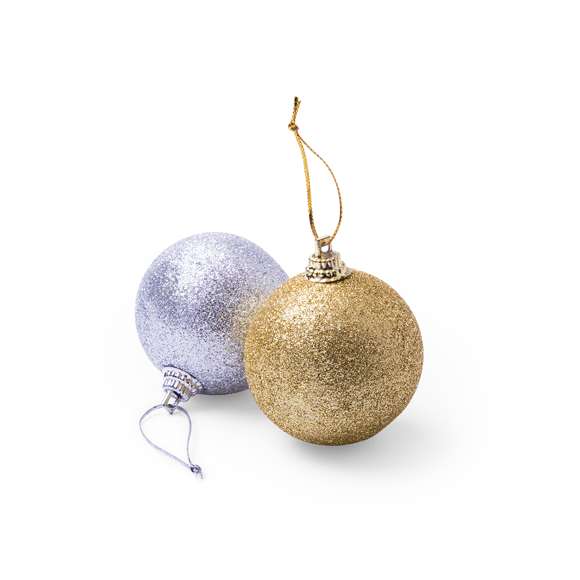 Set de 6 bolas de navidad para colgar en variada gama de vivos colores metalizados. Presentación en bolsita individual con tira de marcaje en color blanco y en colores surtidos.