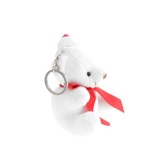 Llavero osito de peluche con gorrito de Papá Noel y lacito navideño.