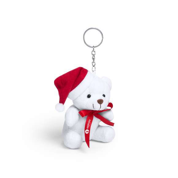 Llavero osito de peluche con gorrito de Papá Noel y lacito navideño.