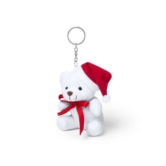 Llavero osito de peluche con gorrito de Papá Noel y lacito navideño.