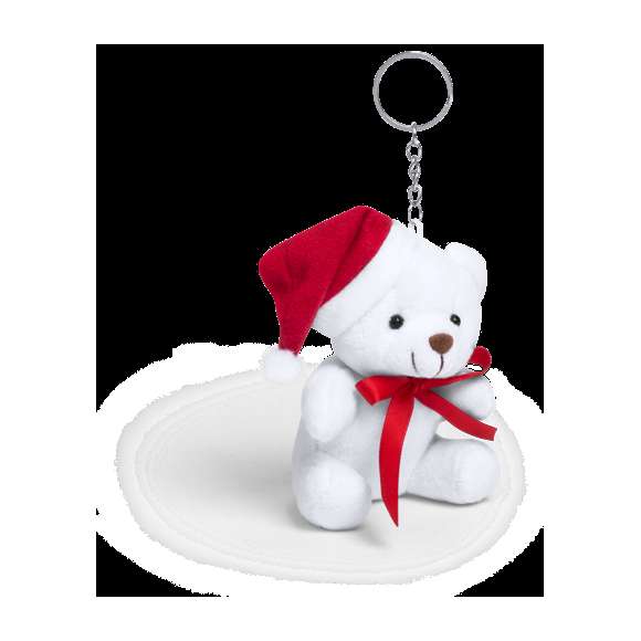 Llavero osito de peluche con gorrito de Papá Noel y lacito navideño.