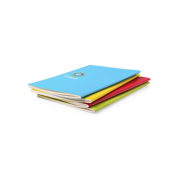 Libreta de diseño clásico con tapas de cartón en llamativos colores y de suave acabado. Con costuras a juego en lomo y 40 hojas lisas.