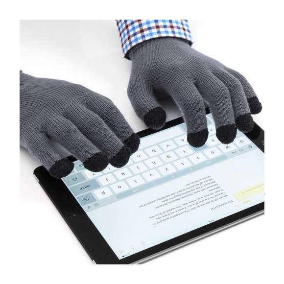 Práctico par de guantes para dispositivos con pantalla táctil de cálido y suave acabalado acrílico. Integran puntero en todos los dedos para experiencia táctil completa. Talla única