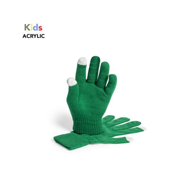 Práctico par de guantes de niño para dispositivos con pantalla táctil, de suave acabalado acrílico y en divertidos colores. Integran puntero en dedos corazón, índice y pulgar. Talla única.