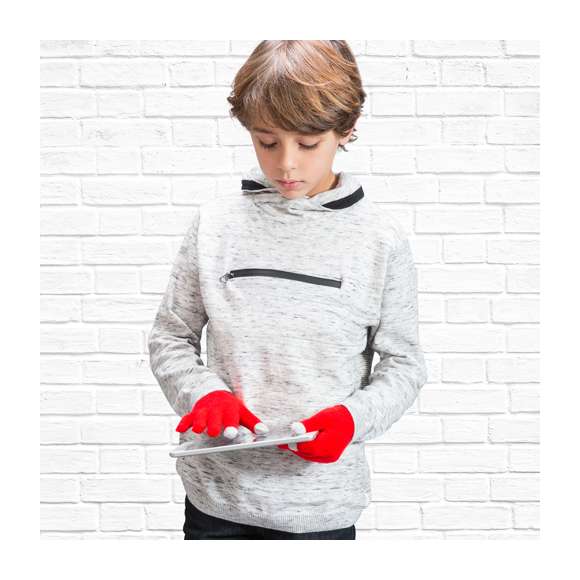 Práctico par de guantes de niño para dispositivos con pantalla táctil, de suave acabalado acrílico y en divertidos colores. Integran puntero en dedos corazón, índice y pulgar. Talla única.