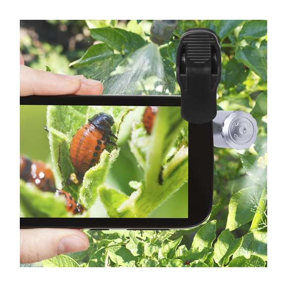 Microscopio para smartphone ajustable a la cámara mediante pinza. Con lentes de aumento de cristal de hasta 60x, 2 ledes y luz ultravioleta para una experiencia de aumento completa. Pilas de botón incluidas. Presentado en una elegante funda de polipiel y en bolsita de tela, todo ello dentro de una atractiva caja de presentación de diseño.