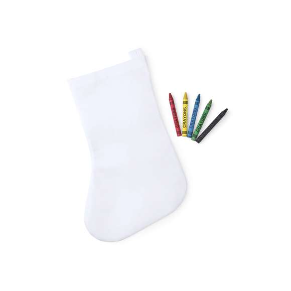 Calcetín de non-woven en color blanco especialmente diseñado para colorear con ceras. Incluye 5 ceras de cuerpo cilíndrico en variados colores. Con cinta para colgar y de acabado termosellado.