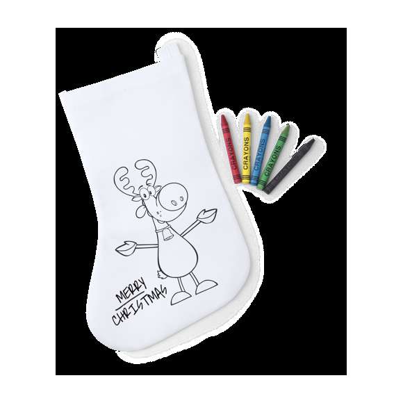 Calcetín de non-woven en color blanco especialmente diseñado para colorear con ceras. Incluye 5 ceras de cuerpo cilíndrico en variados colores. Con cinta para colgar y de acabado termosellado.