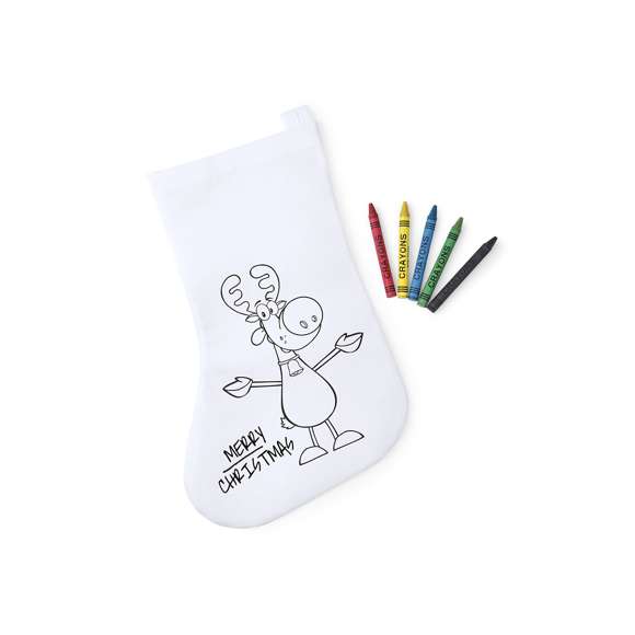 Calcetín de non-woven en color blanco especialmente diseñado para colorear con ceras. Incluye 5 ceras de cuerpo cilíndrico en variados colores. Con cinta para colgar y de acabado termosellado.