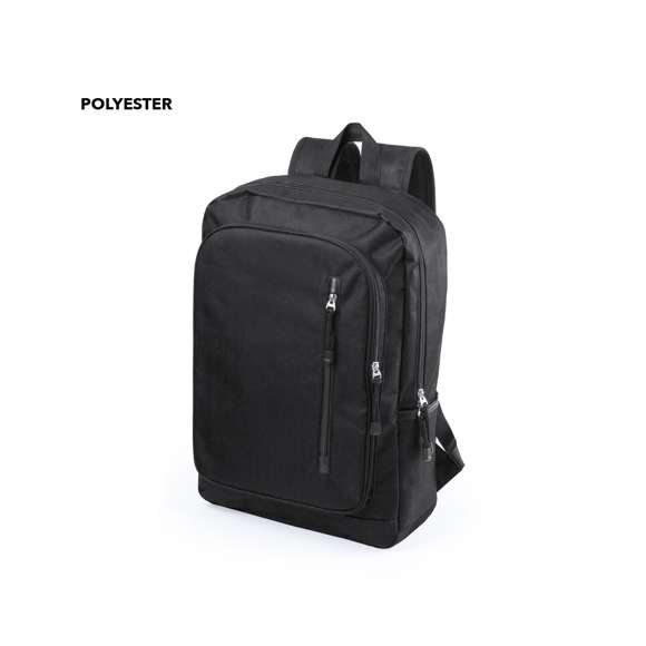 Resistente mochila de poliéster 600D con cierre de cremallera y bolsillos frontales. En sobrios colores, con espalda y cintas de hombros acolchadas, compartimento acolchado interior para portátil de hasta 15 pulgadas y cintas en tiradores para fácil apertura.