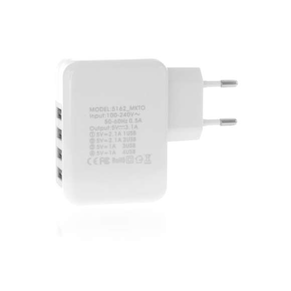  	Cargador USB de pared multisalida de 3.100 mA de capacidad de carga en elegante diseño de color blanco y con amplia superficie de marcaje. Su cuádruple salida lo convierte en el gadget idóneo para carga simultánea.