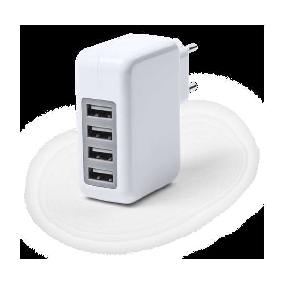  	Cargador USB de pared multisalida de 3.100 mA de capacidad de carga en elegante diseño de color blanco y con amplia superficie de marcaje. Su cuádruple salida lo convierte en el gadget idóneo para carga simultánea.