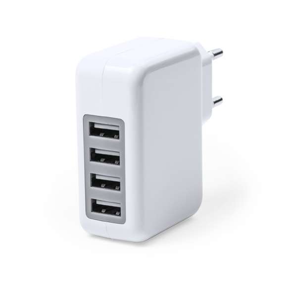  	Cargador USB de pared multisalida de 3.100 mA de capacidad de carga en elegante diseño de color blanco y con amplia superficie de marcaje. Su cuádruple salida lo convierte en el gadget idóneo para carga simultánea.