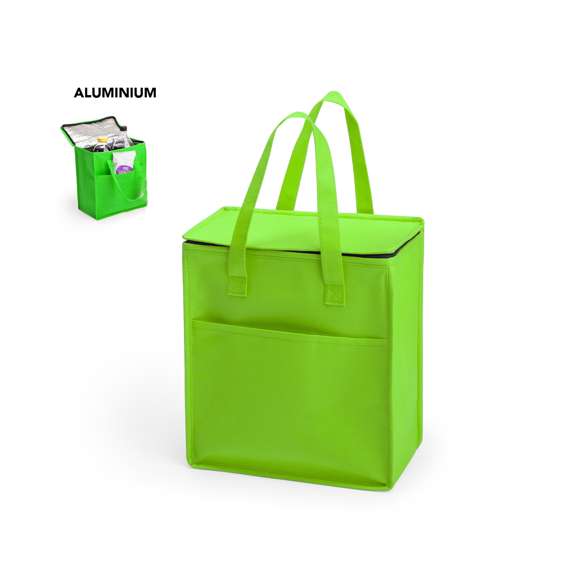 Práctica nevera confeccionada en non-woven con interior de aluminio. Con capacidad de 9,5L y un útil bolsillo exterior, fácil de transportar gracias a sus asas. Tapadera con cierre de cremallera y gran resistencia hasta 5 kg de peso. Disponible en una variada gama de colores.