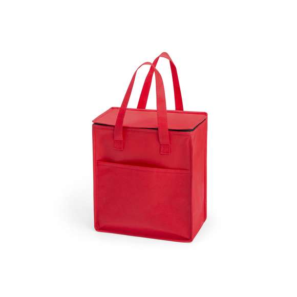 Práctica nevera confeccionada en non-woven con interior de aluminio. Con capacidad de 9,5L y un útil bolsillo exterior, fácil de transportar gracias a sus asas. Tapadera con cierre de cremallera y gran resistencia hasta 5 kg de peso. Disponible en una variada gama de colores.