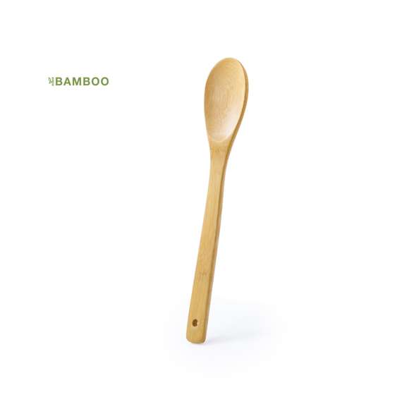 Cuchara de cocina en madera de bambú. Presentada en bolsa individual con cartón troquelado de refuerzo.