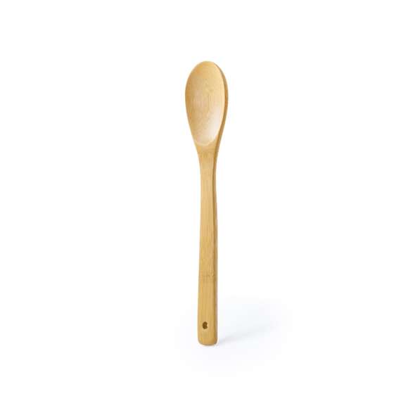 Cuchara de cocina en madera de bambú. Presentada en bolsa individual con cartón troquelado de refuerzo.