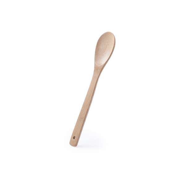 Cuchara de cocina en madera de bambú. Presentada en bolsa individual con cartón troquelado de refuerzo.