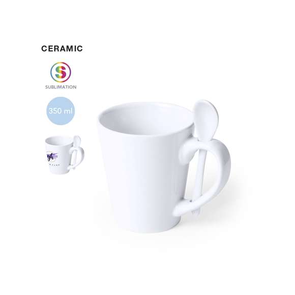Taza de cerámica de 350ml de capacidad en color blanco y con cucharilla de cerámica integrada en el asa. Especialmente diseñada para marcaje en sublimación. Presentada en caja individual.Disponible manual de instrucciones en español e inglés.