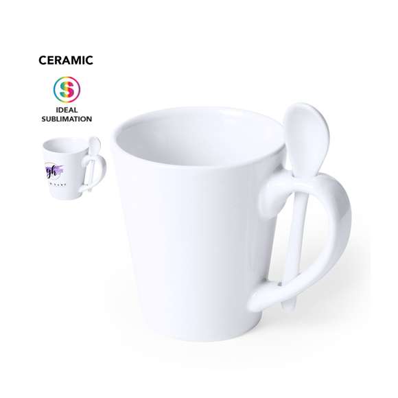 Taza de cerámica de 350ml de capacidad en color blanco y con cucharilla de cerámica integrada en el asa. Especialmente diseñada para marcaje en sublimación. Presentada en caja individual.Disponible manual de instrucciones en español e inglés.