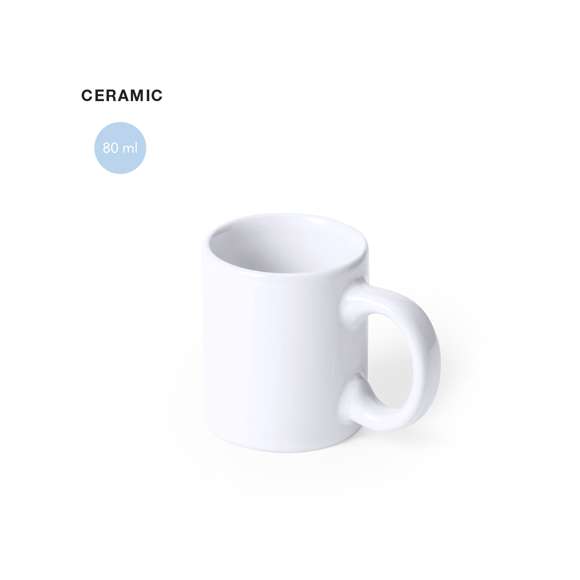 Taza de cerámica de 80ml de capacidad en color blanco. Presentada en caja individual.Disponible manual de instrucciones en español e inglés.